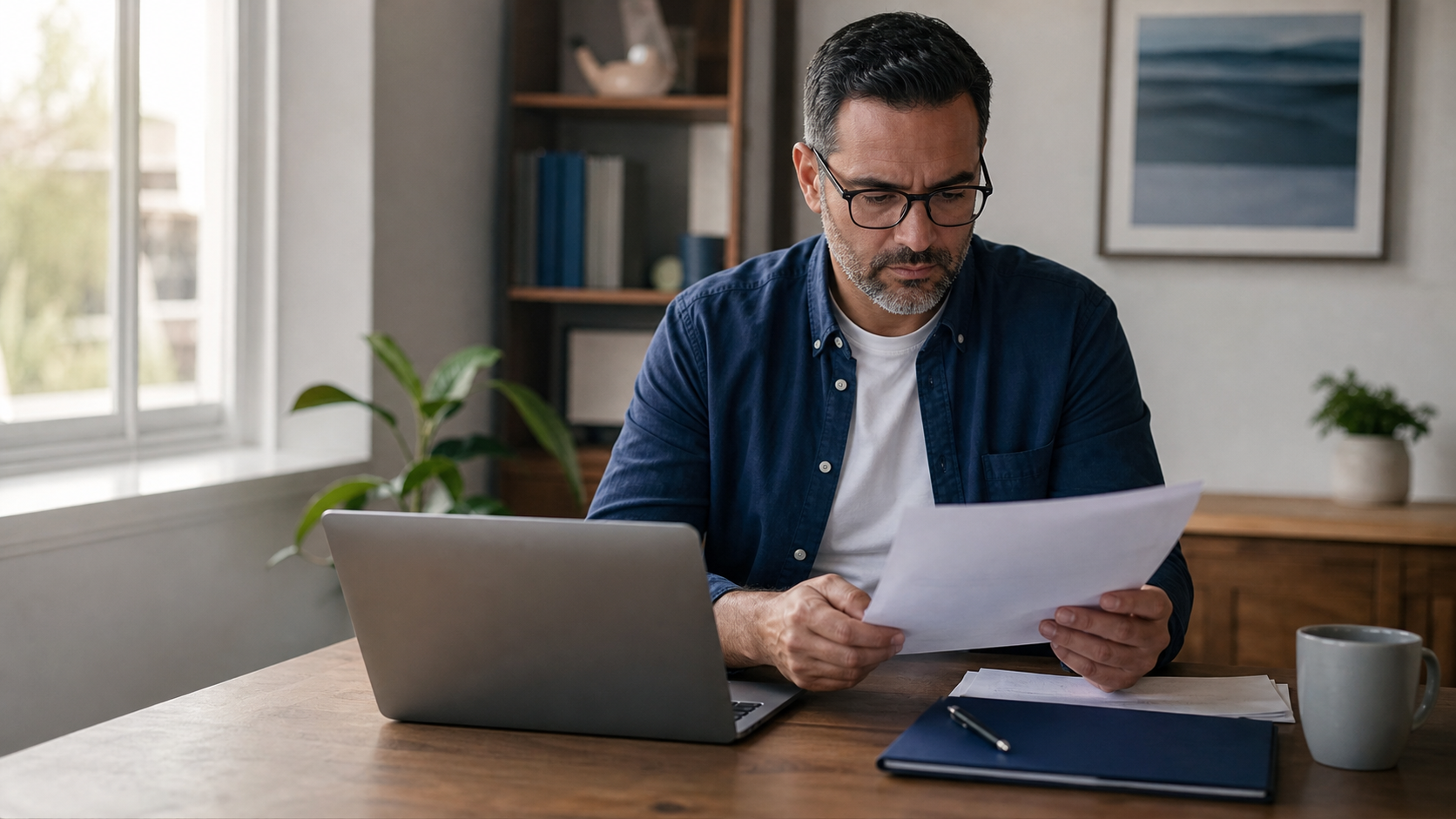 Person reviewing retirement account paperwork at a desk.