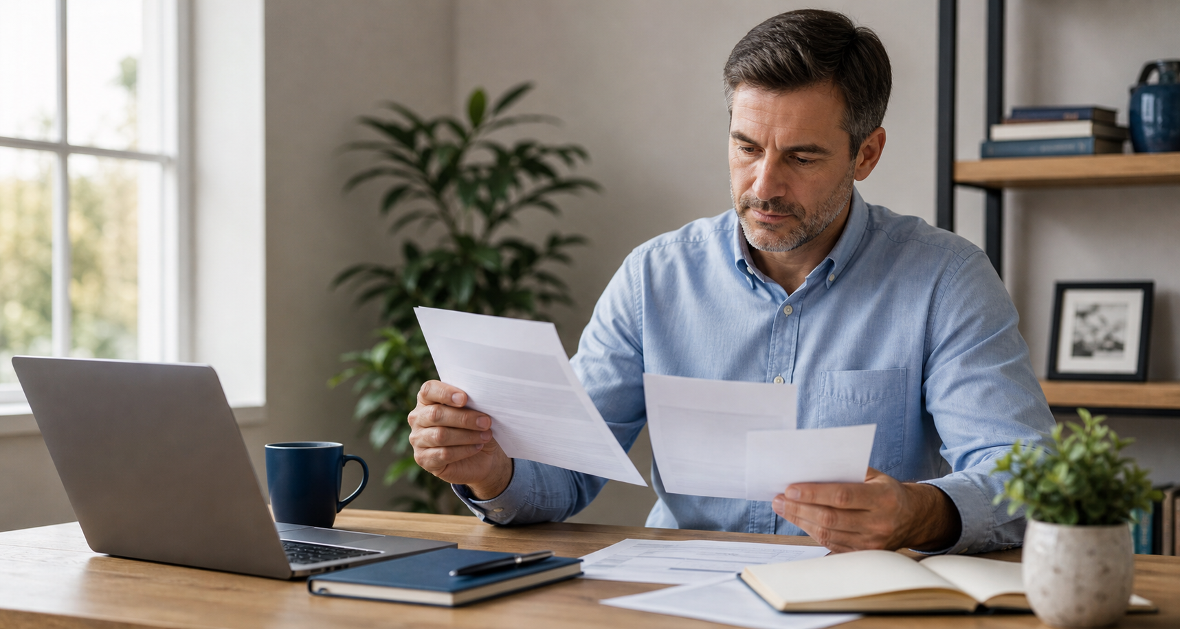 Person reviewing pay and retirement information at a desk.