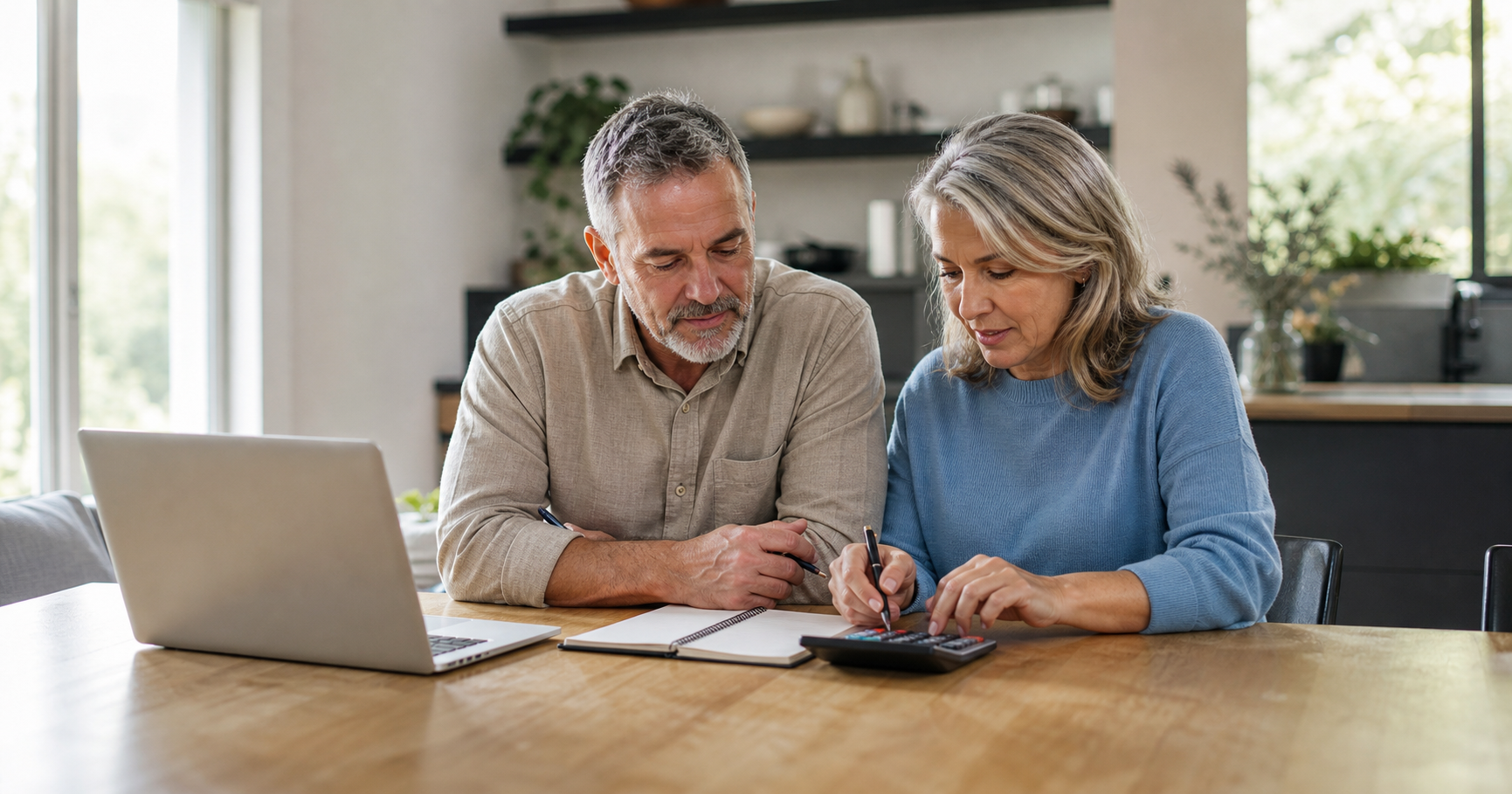 Couple reviewing a household budget and retirement information together.
